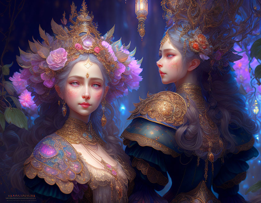 Ethereal women in golden headdresses in mystical forest