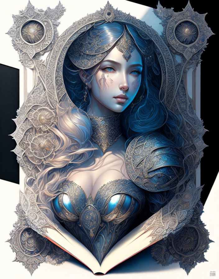 Fantasy illustration of a woman in blue skin with silver armor and ornate designs