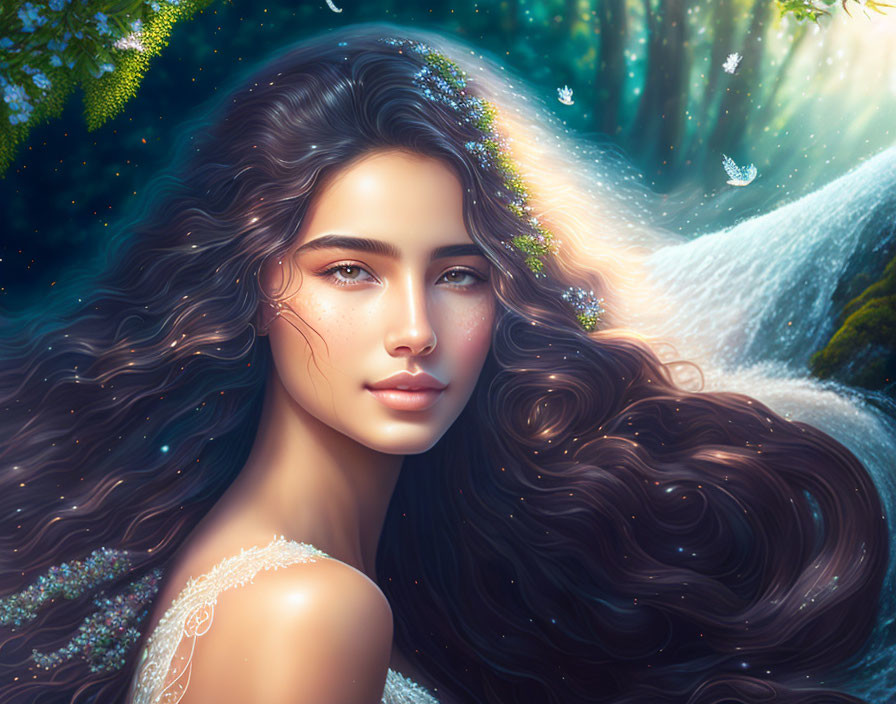 Fantasy portrait of woman with long wavy hair in lush greenery