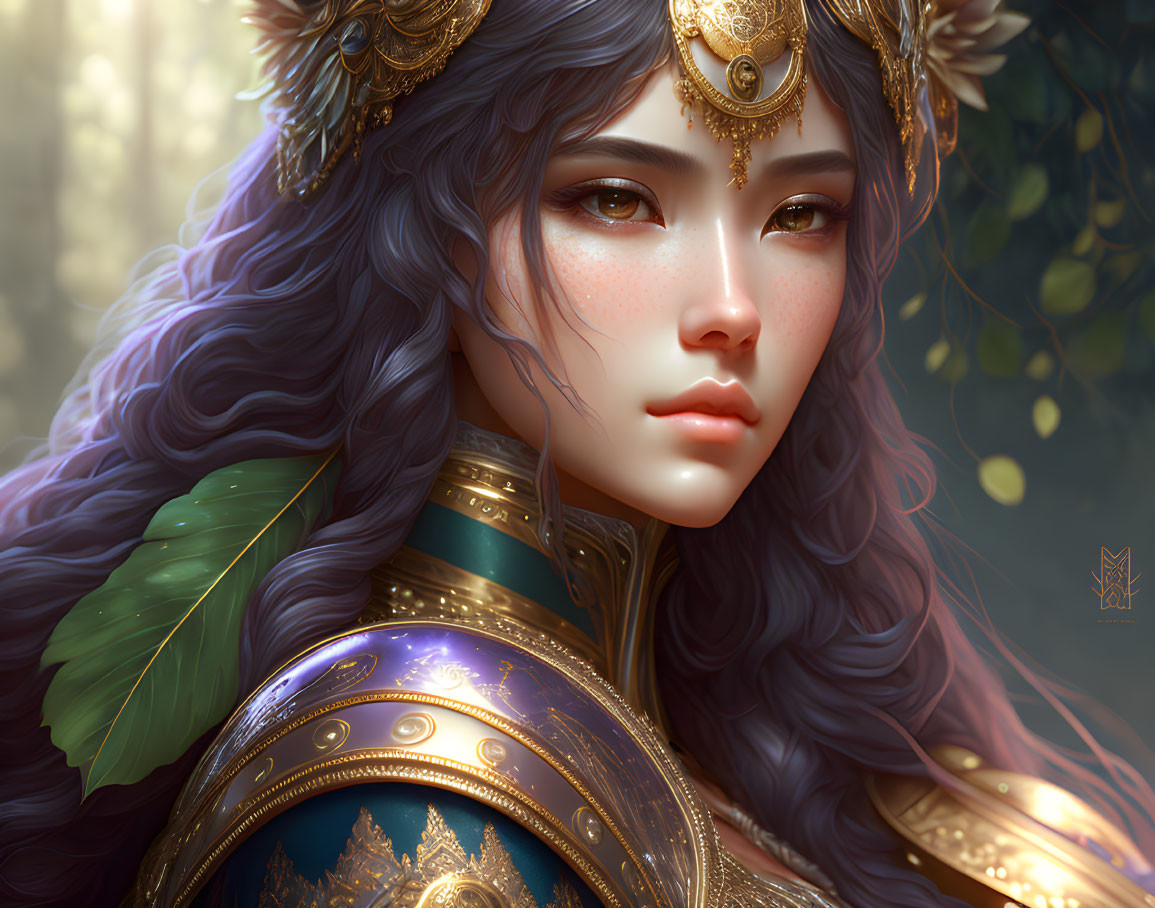 Fantasy female character portrait with lavender hair and ornate golden headpiece in misty forest setting