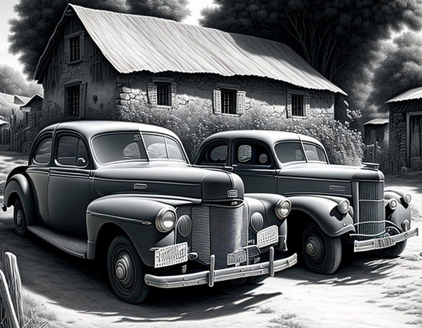 Monochrome illustration of vintage cars and old house with trees, early to mid-20th-century ambiance