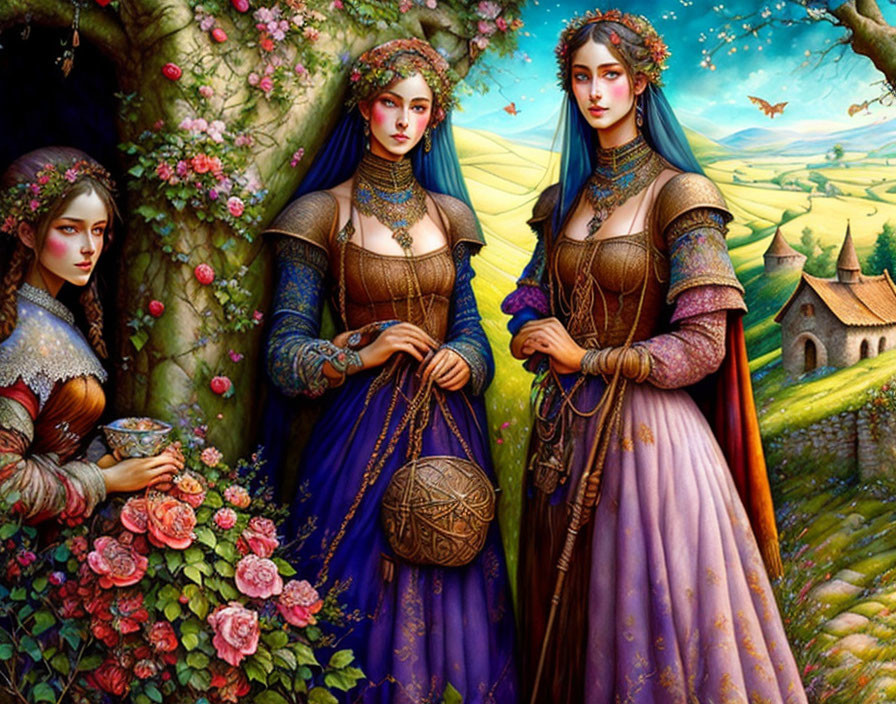 Three women in medieval dresses amidst vibrant garden with castle in background