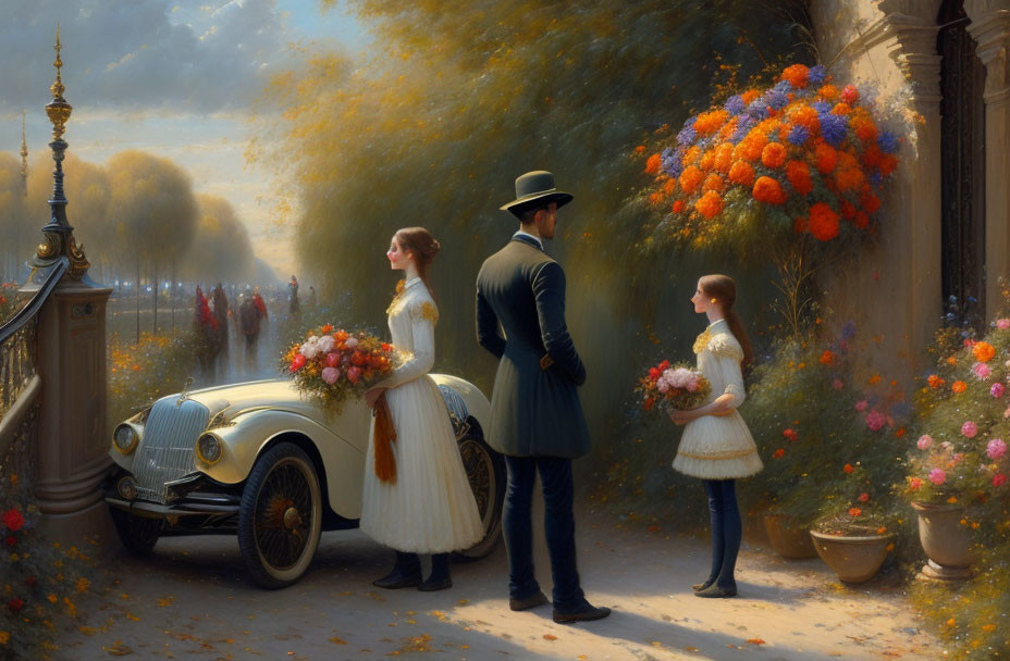 Vintage scene with man, woman, and girl by old-fashioned car and flower-lined path