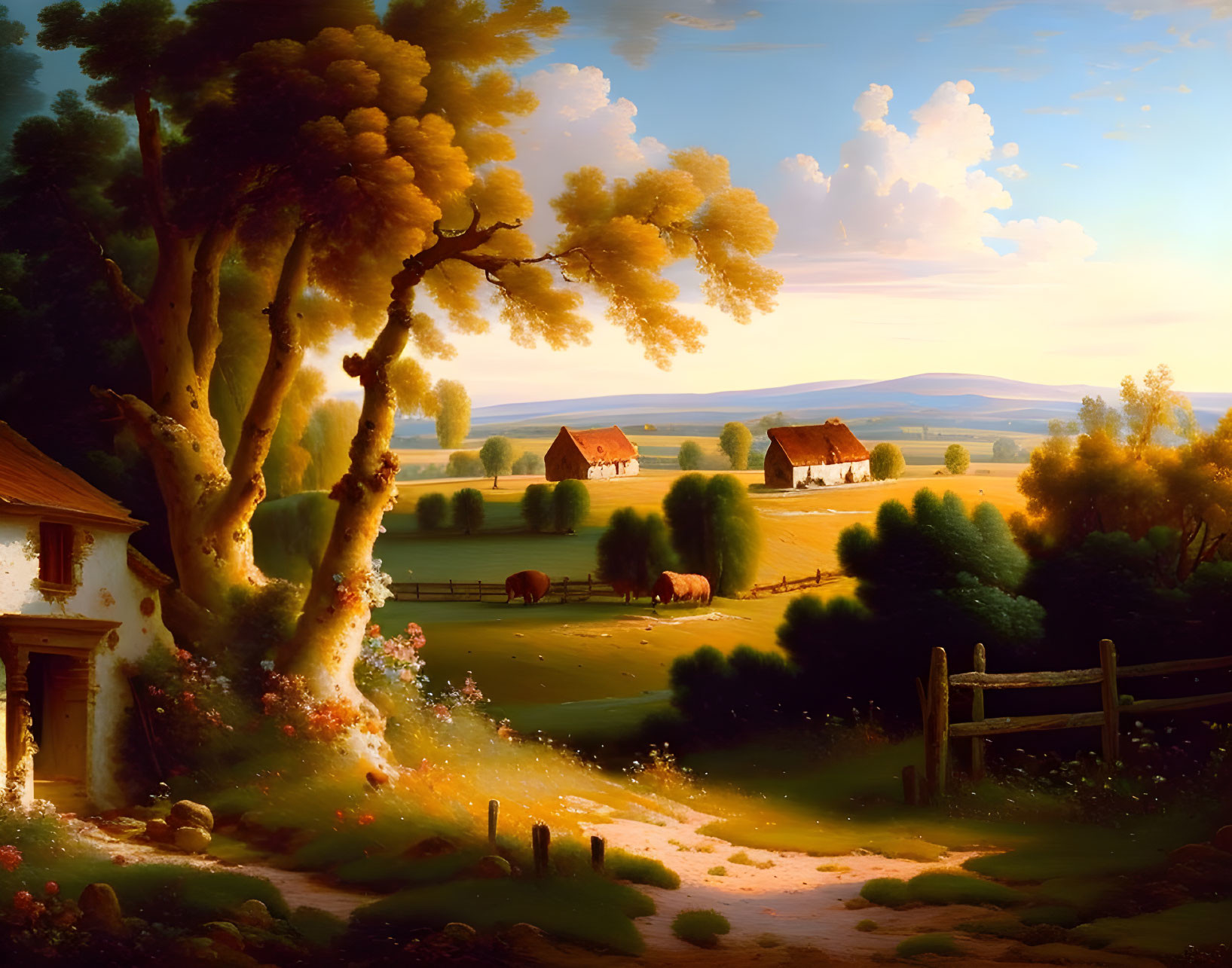 Tranquil countryside landscape with tree, house, horses, and rolling hills