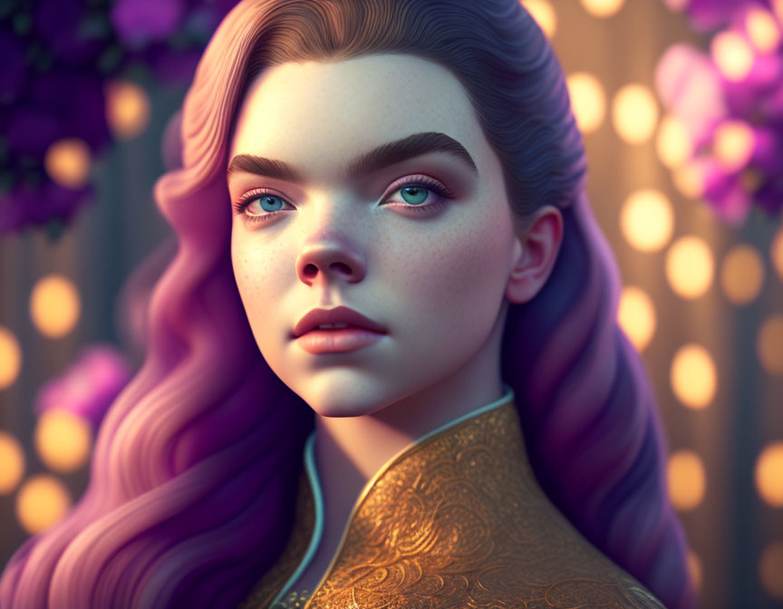 Vivid Purple Hair Young Woman Digital Portrait in Golden Garment