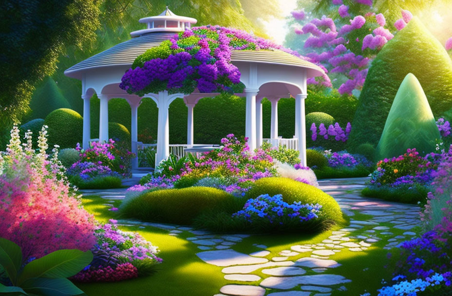 Vibrant garden with white gazebo and colorful flowers