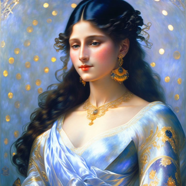 Portrait of a woman in blue gown with gold accents and jewelry against golden orbs