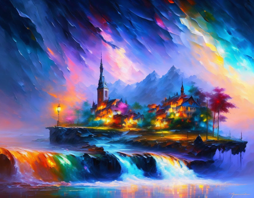 Colorful painting of whimsical village by illuminated sea with dynamic sky