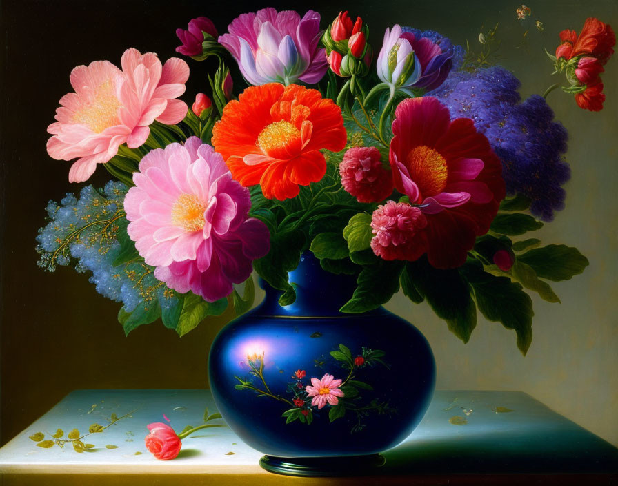 Colorful Flowers in Blue Vase on Dark Background