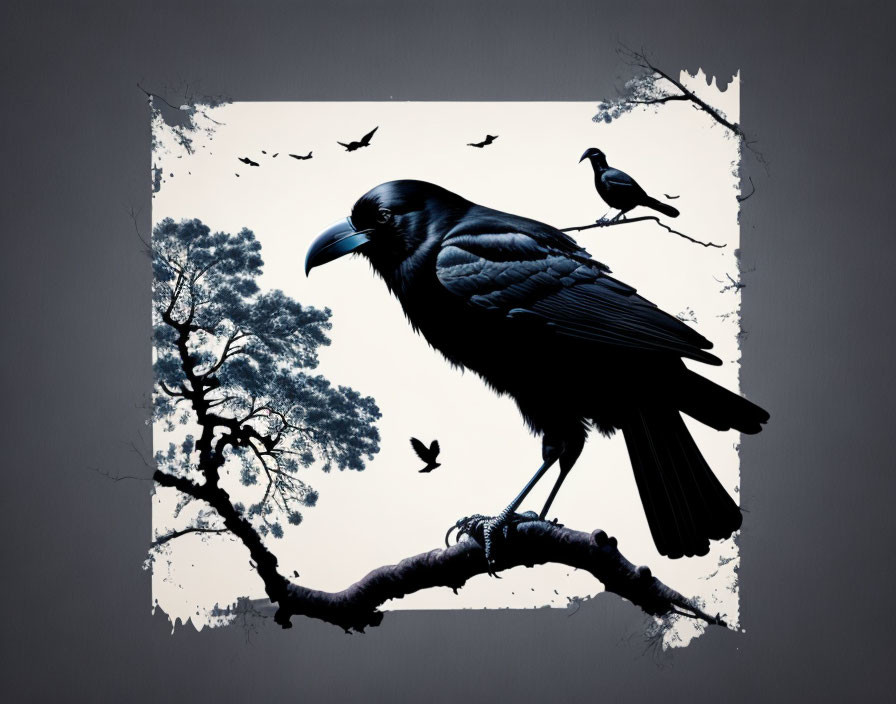 Stylized black raven on branch with torn paper frame