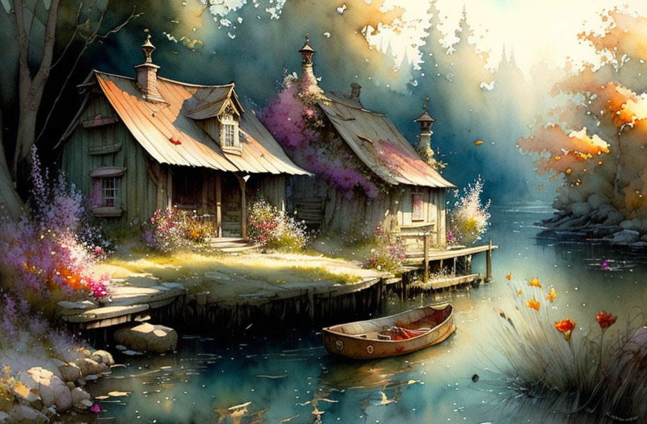 Tranquil lake cabins with canoe, autumn trees, and soft lighting