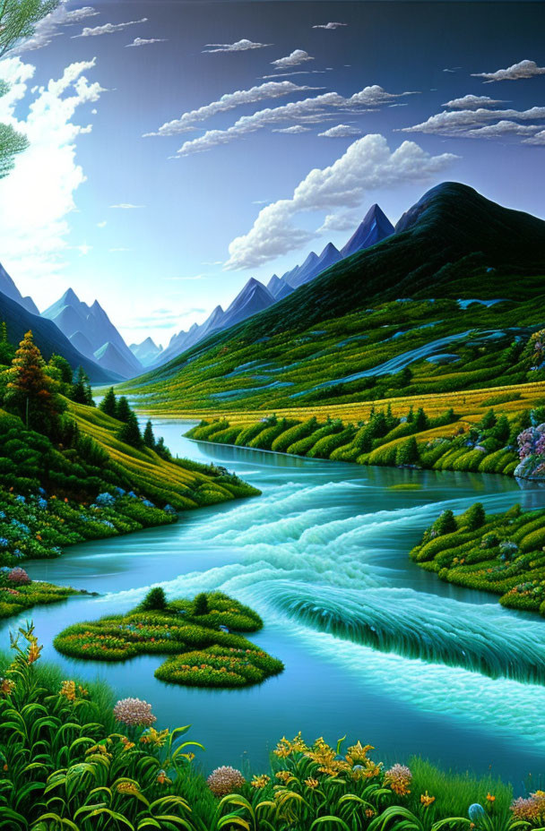 Serene landscape painting: river, green hills, mountain peaks, blue sky