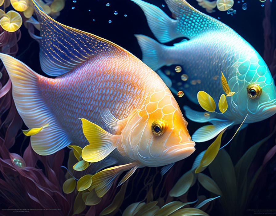 Colorful Fish Illustration Among Underwater Flora and Bubbles