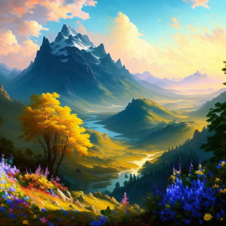 Majestic mountain landscape with river and colorful trees