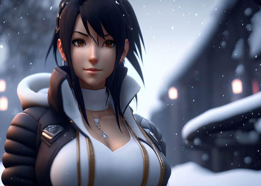 Digital Art: Female Character with Black Hair and Blue Eyes in Black & White Outfit with Snowy