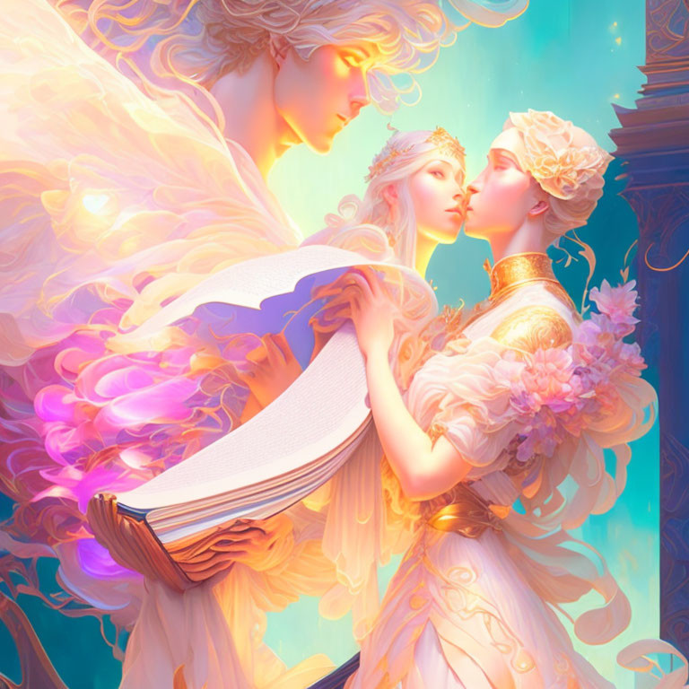 Ethereal beings with angelic wings in ornate clothing sharing a moment in a colorful setting.