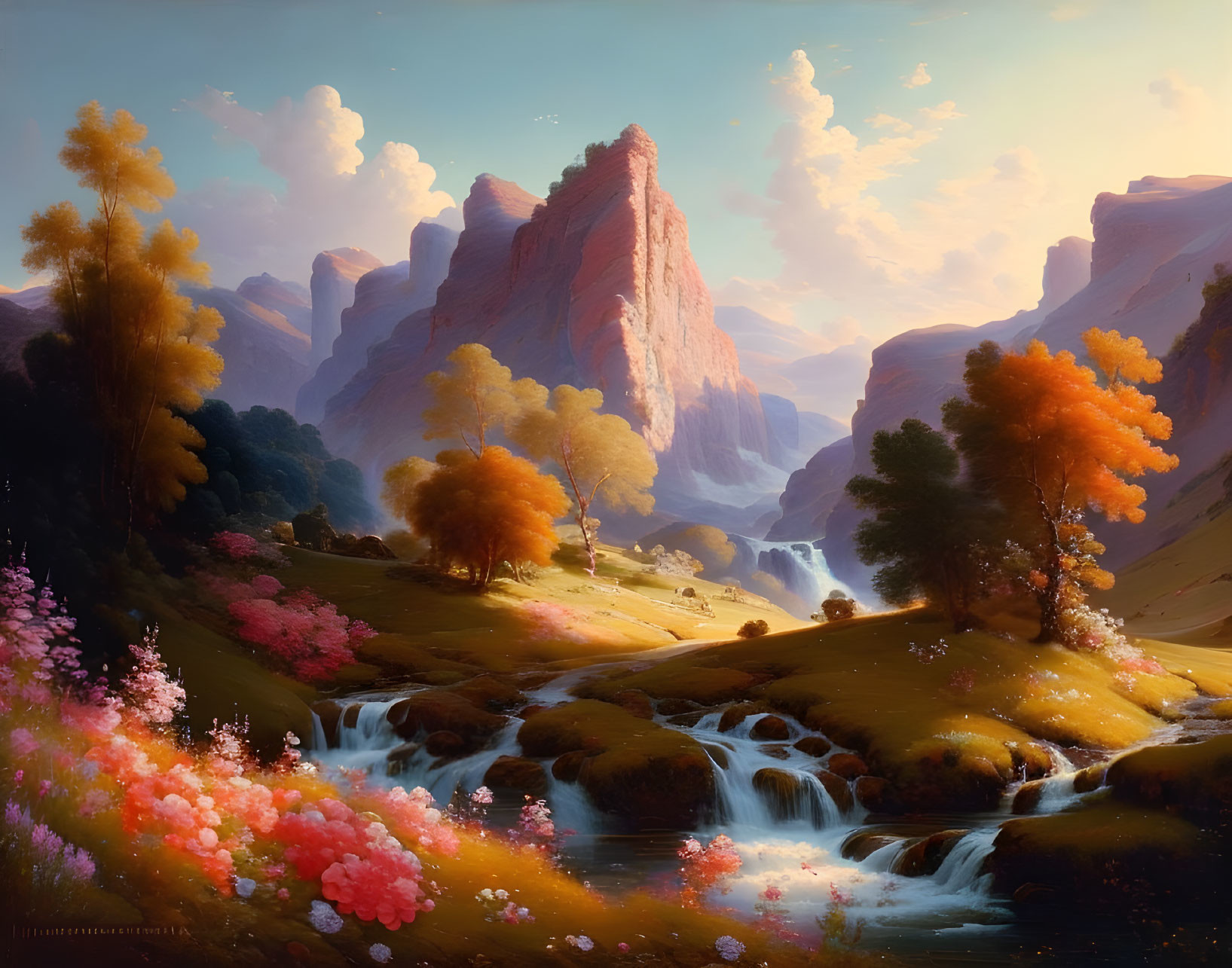 Tranquil landscape with stream, meadows, trees & mountains