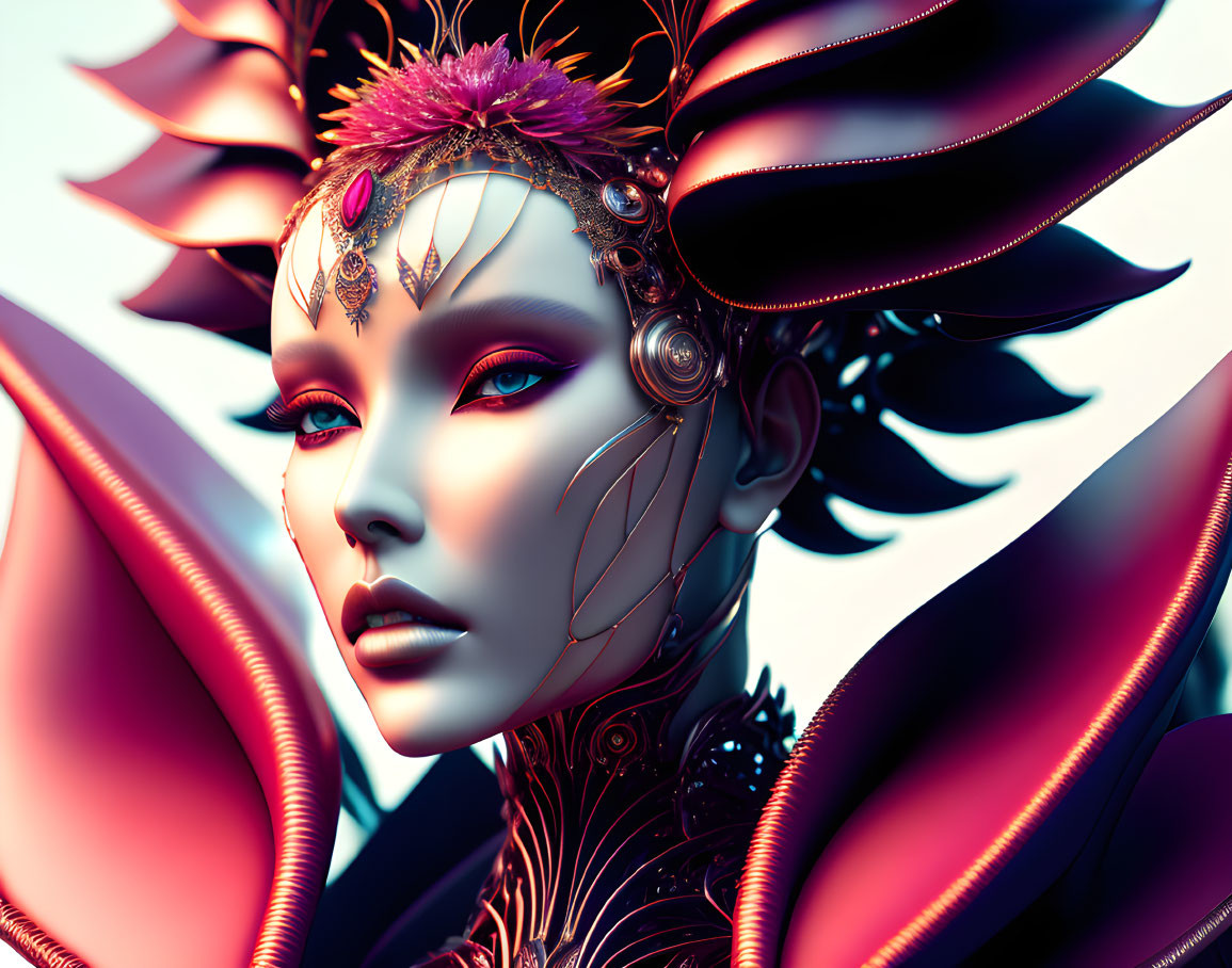 Digitally-rendered female figure with elaborate headgear and cybernetic facial details