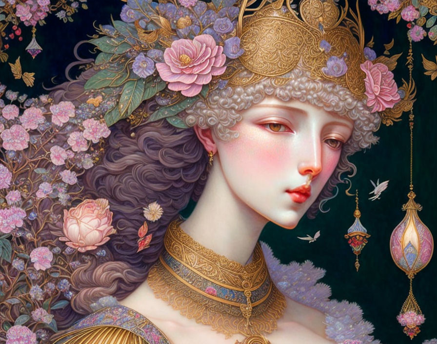 Woman with ornate golden headgear among pink flowers in serene setting.