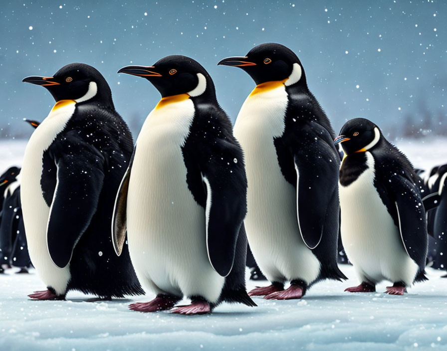 Emperor Penguins on Snow with Falling Snowflakes