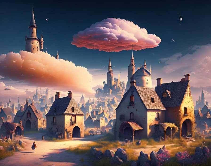 Whimsical scene with storybook cottages, pink clouds, and distant castles