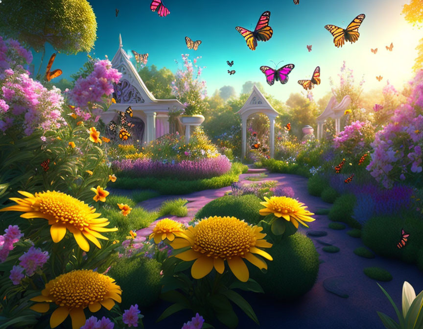 Sunflower and Pink Blossom Garden Path with Butterflies and Whimsical Houses