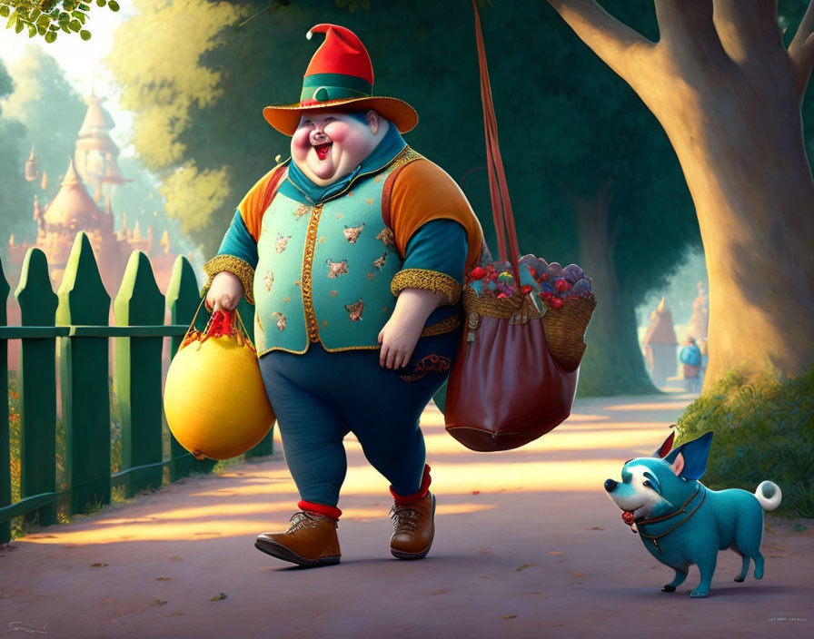 Colorful Animated Man with Yellow Bag Walking Dog with Mushrooms on Sunlit Path