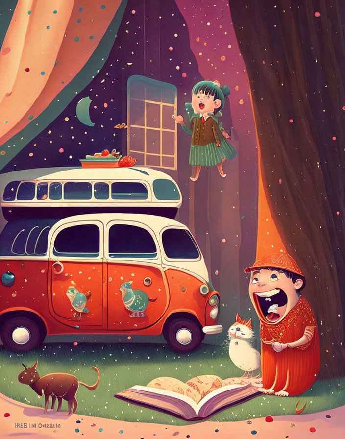 Colorful Whimsical Illustration: Girl, Treehouse Van, Animals, Magical Setting