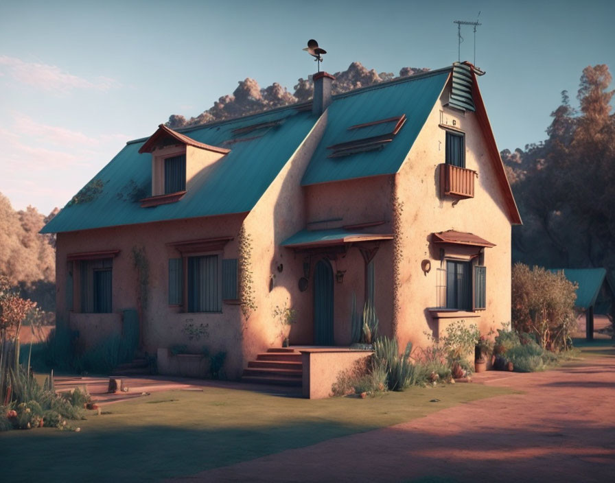 Tranquil suburban house at sunset with weather vane and lush foliage