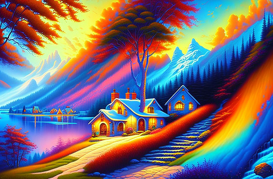 Scenic sunset painting of cottage by lake with vibrant colors