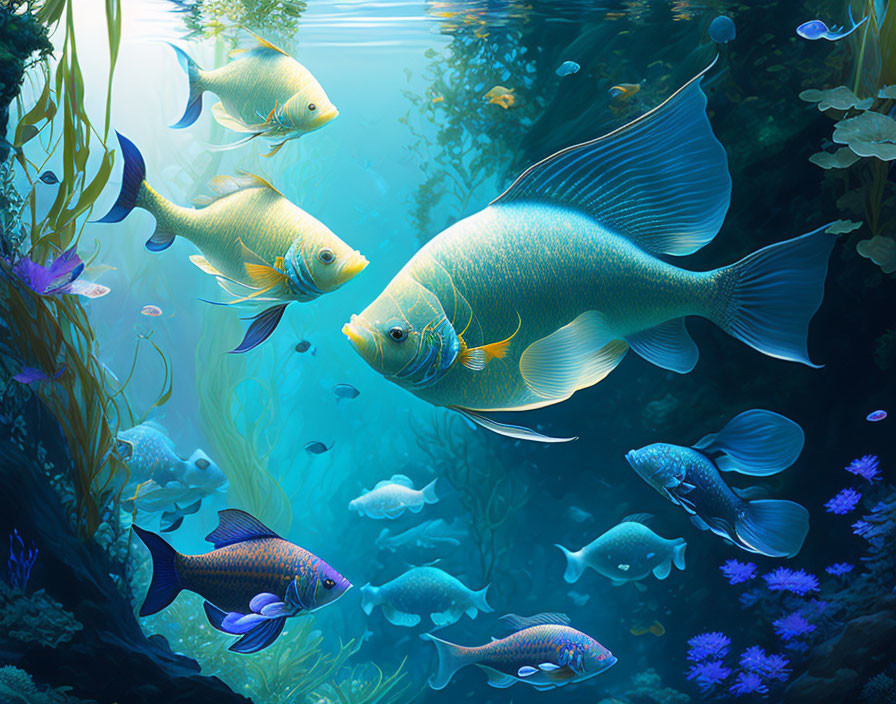 Colorful Fish in Vibrant Underwater Scene with Coral and Marine Plants