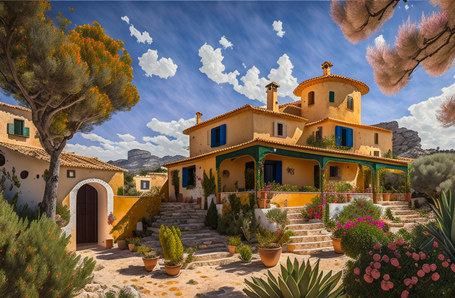 Mediterranean villa with terracotta roofs and lush surroundings