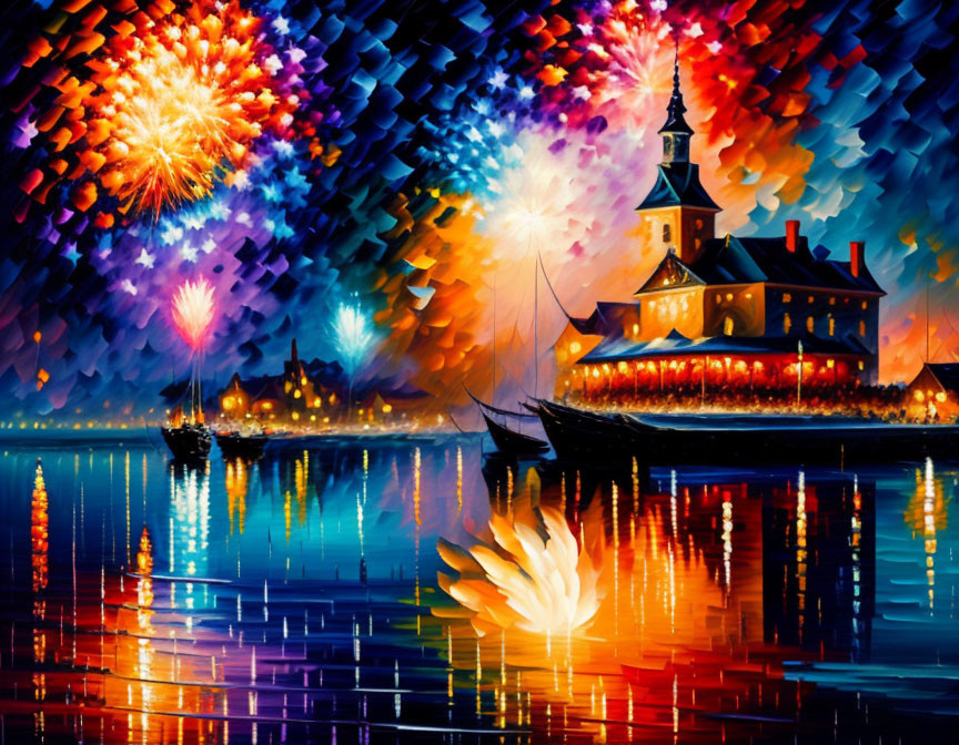 Colorful waterside painting with boats and fireworks display.