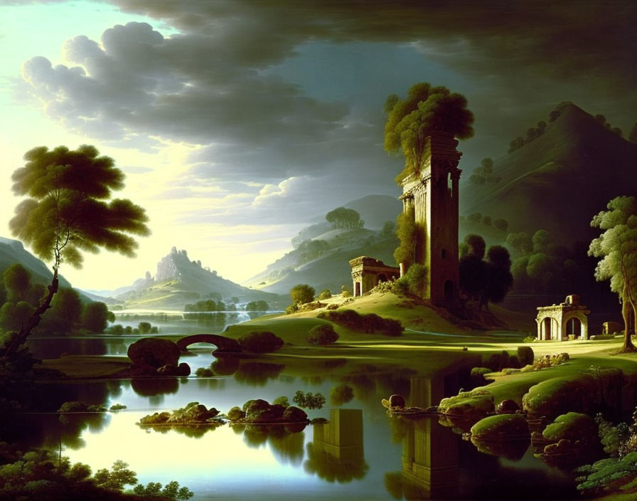 Tranquil landscape painting with lake, trees, hills, tower, and classical architecture