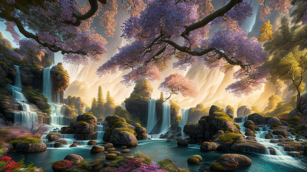 Tranquil fantasy landscape with waterfalls, river, flora, and grand tree