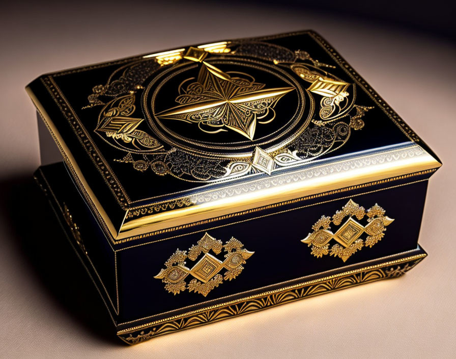 Black and Gold Ornate Jewelry Box with Star Design on Beige Background