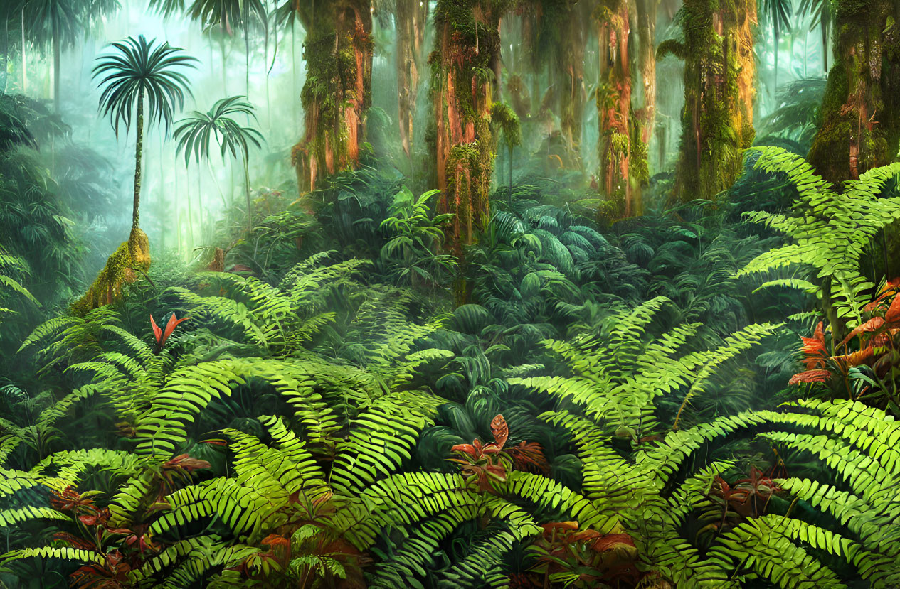 Misty forest scene with lush greenery and hanging moss