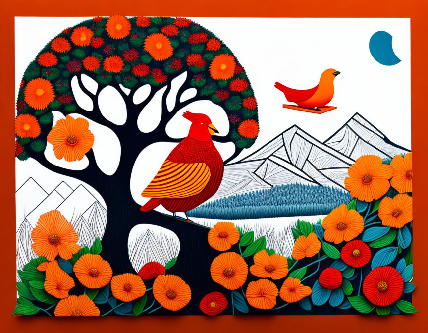 Vibrant digital artwork: Red bird on black tree with orange flowers, second bird & mountains.