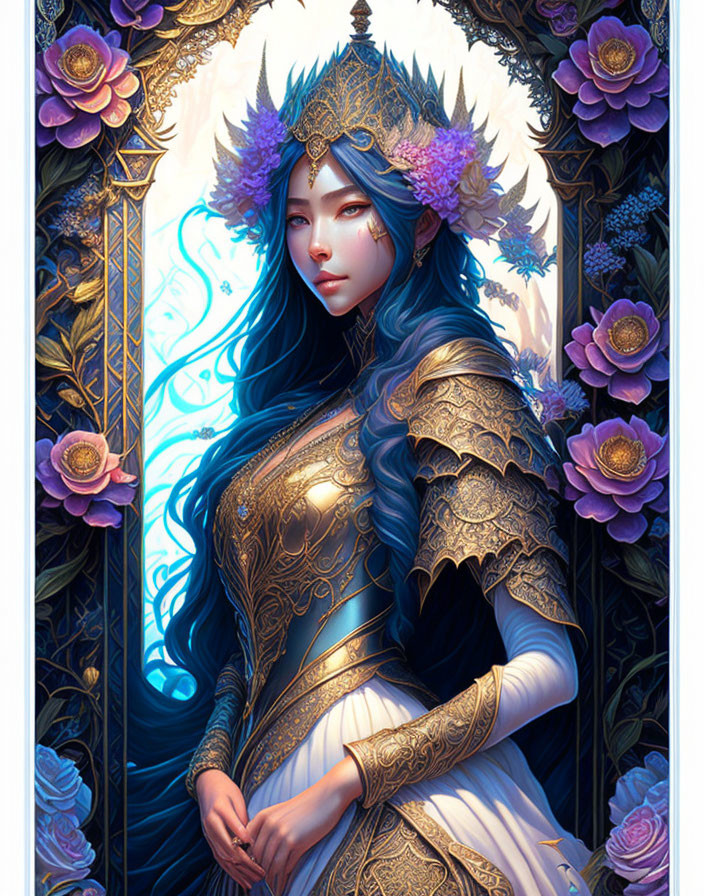 Fantasy-themed female figure in blue hair and golden armor among purple flowers