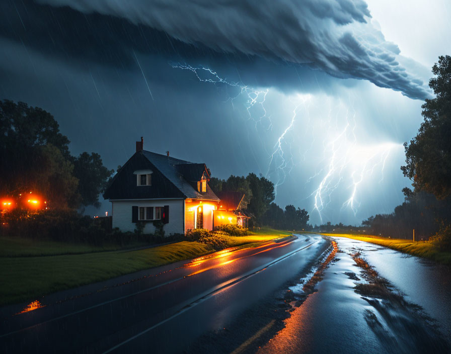 Nighttime house illuminated by warm lights during thunderstorm with lightning, wet road.