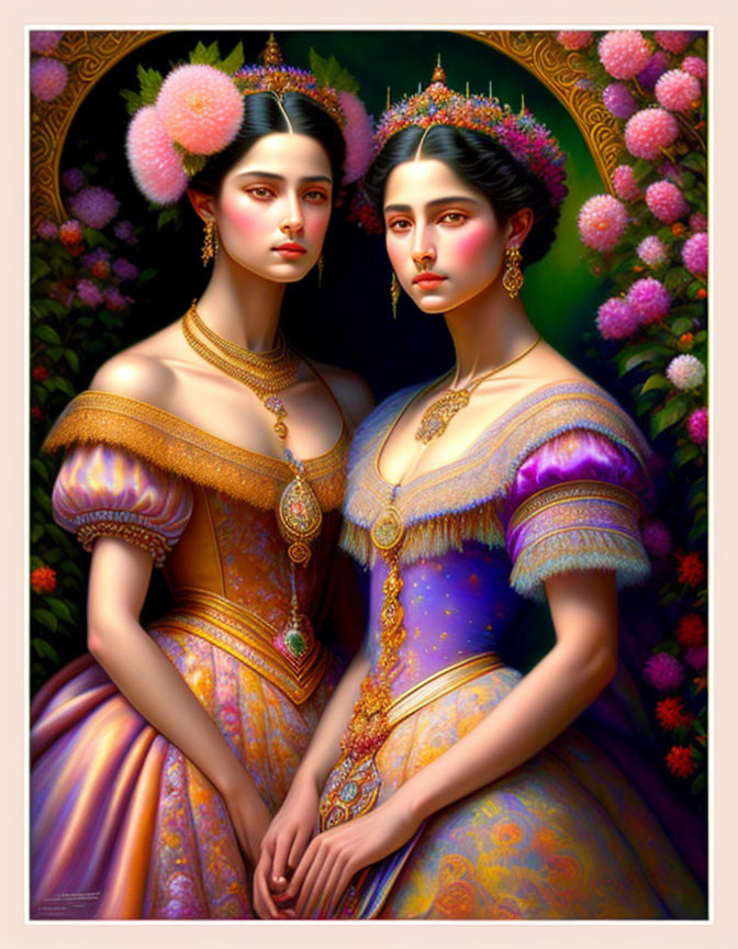 Two women in ornate traditional dresses with gold jewelry against floral backdrop