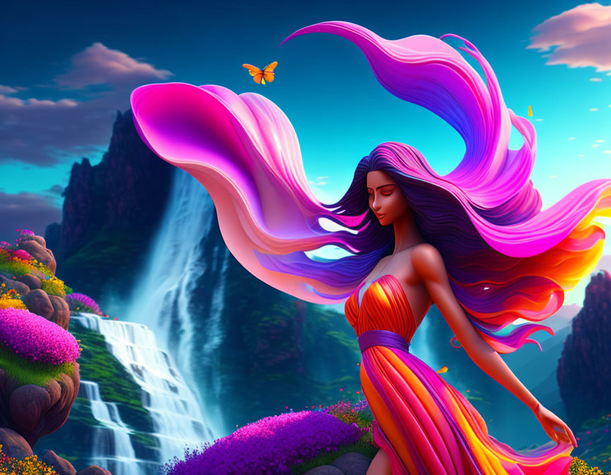 Vibrant landscape with animated woman, colorful hair, waterfall, and butterfly