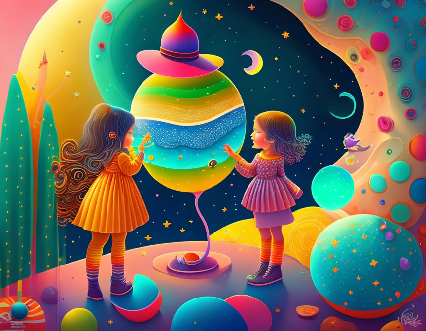 Colorful Dresses: Two Girls in Whimsical Galaxy