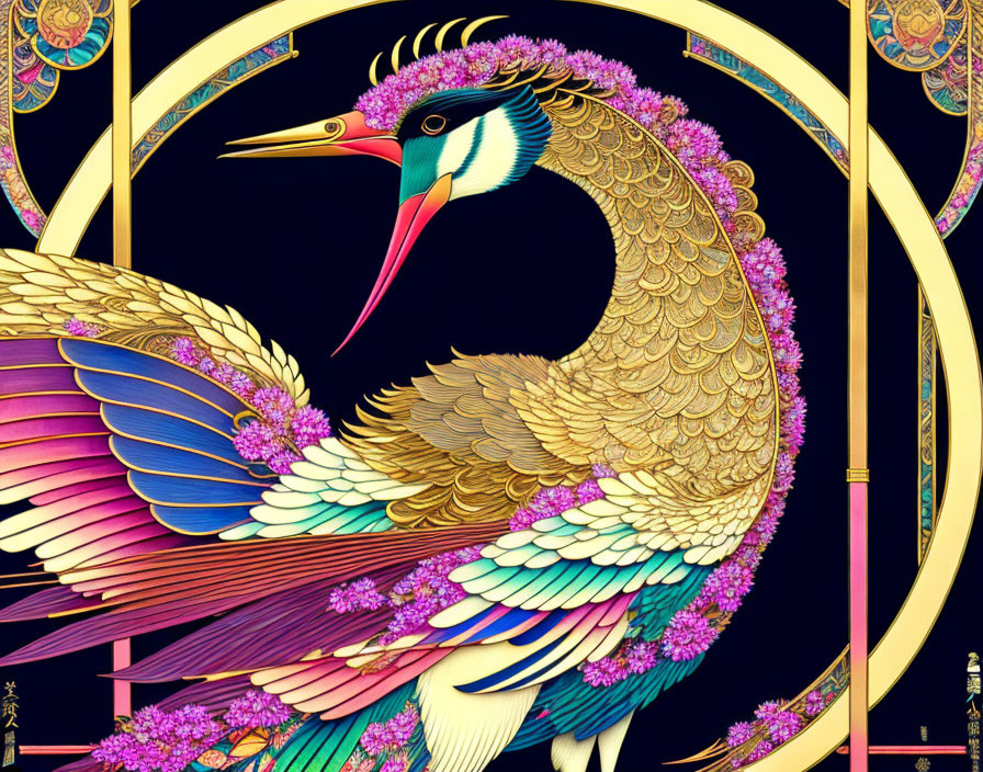 Colorful Peacock Illustration with Pink Blossoms on Dark Background