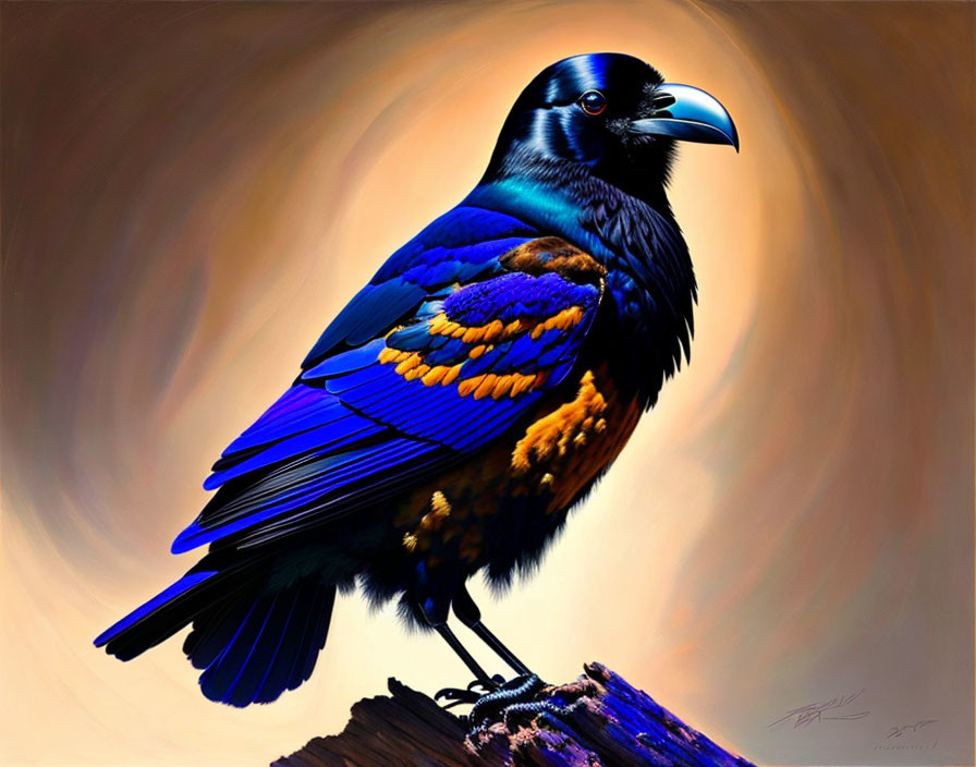 Colorful Raven Illustration on Branch Against Swirling Background