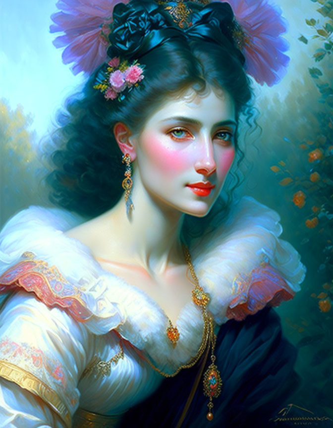 Victorian-era woman digital painting with blue eyes and floral accessories