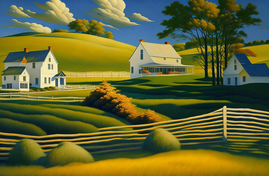 Rural landscape with farmhouses, fields, haystacks, and trees