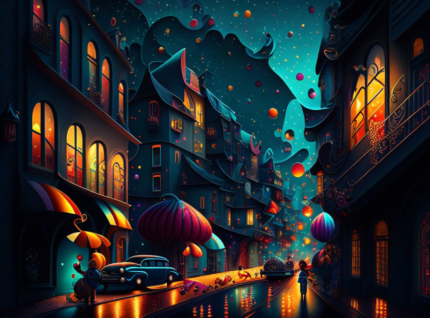 Vibrant night street scene with whimsical architecture and vintage car