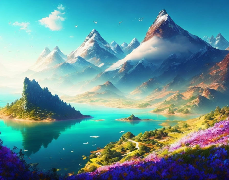 Snow-capped peaks, blue lake, greenery, purple flowers in serene landscape