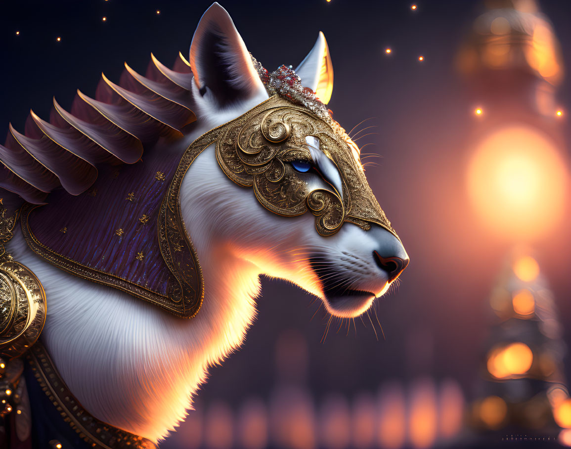 Fantasy cat in golden armor and mask on enchanted night backdrop